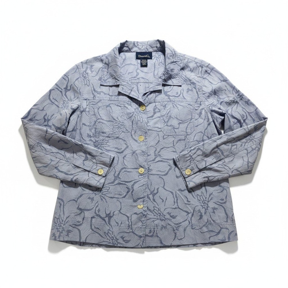 Denim & Co. L Blue Floral Button Down Shirt Womens Casual Coastal Vintage‎
